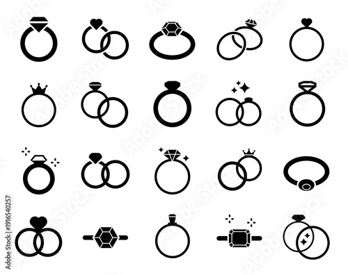 Engagement ring icons. Wedding intertwined rings, marriage and love symbol for anniversary invitation card, honeymoon decoration. Newlyweds vow, romantic relationship and bridal vector pictogram