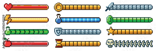 Pixel progress bar. 8bit retro arcade game status indicator, rpg gaming pixelated interface. Health meter, stamina or energy level, weapon and coin symbols. Potion, shield and heart, skull vector set