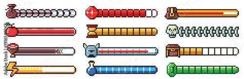Pixel progress bar. 8bit 80s arcade game status indicator, rpg gaming pixelated UI. Health meter, energy level, hourglass and food symbols. Emerald, helmet and treasures chest, skull. Vector set