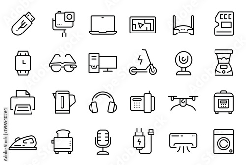 Gadget line icons. Electronic devices, household appliance. usb flash, drive and camera, laptop and router, memory card and smart watch, glasses and computer, scooter and webcam, printer vector set