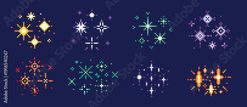 Pixel firework. Y2k video game starburst, birthday party glitter, retro arcade game 80s effect, Christmas, New Year twinkling star, firecracker burst pixel art. 4 July carnival decoration vector set