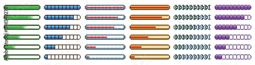 8bit loading progress bar. Retro video game download process indicator, health meter, status level for arcade gaming dashboard. 16bit 80s vintage videogame pixelated UI elements. Vector isolated set
