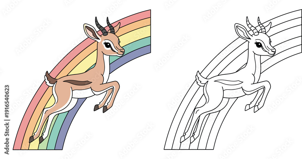Fototapeta premium Cute cartoon gazelle leaping with pastel rainbow, happy antelope vector illustration for kids, wild animal character design, nursery wall art