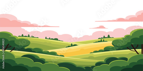 Rolling green hills with yellow fields and pink clouds in a stylized landscape illustration