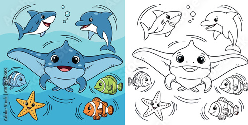 Cute cartoon sea animals collection with manta ray shark and dolphin, happy ocean friends swimming underwater vector illustration, colorful marine life character design for kids