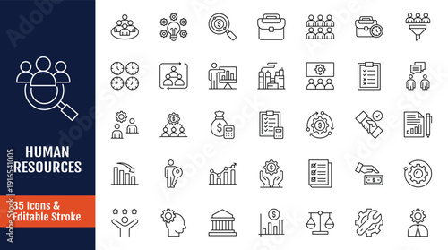 Human Resources icon set. Icons related to HR, Human Resources, Recruitment, Employment, business, office, company, management. Outline icon with Editable stroke. Vector illustration