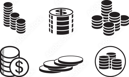  Money stacked coins flat icon set for finance and banking concept