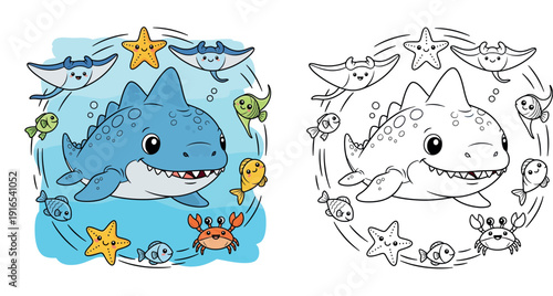 Cute cartoon mosasaurus and sea friends swimming in circle, happy ocean animal vector illustration, blue dinosaur with crab and starfish for kids