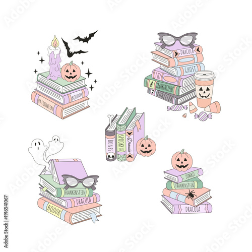 Retro Halloween Stacks of Spooky Books Clipart Set. Vintage Bookish Aesthetic Stickers for Journaling, Scrapbooking, Digital Planners and Book Lovers