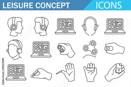 Leisure Concept Line Icons Set – Hand Gestures, Headphones, Laptop, Spinner and Relaxation Symbols, Modern Outline Vector Illustration Collection Isolated on White Background