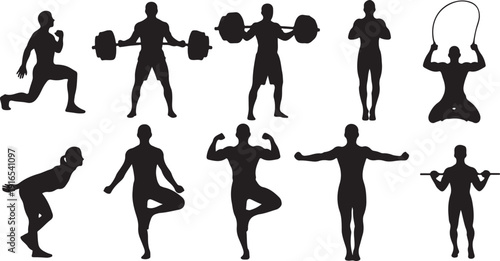 Silhouettes of people exercising in various fitness poses and activities