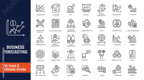 Business forecasting icon set. Icons related to prediction, analyze, data, trend, budgeting, accuracy, strategy and more. Outline icon with Editable stroke. Vector illustration