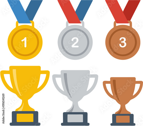 Medals and trophies arranged neatly on a white background symbolizing achievement and victory in various competitions and sports