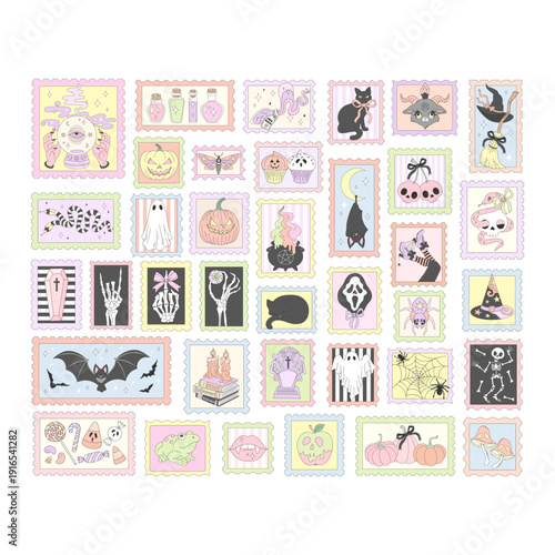 Retro Cute Preppy Halloween Postage Stamp Clipart Set. Vintage Aesthetic Stickers for Journaling, Scrapbooking, Digital Planners and Collage Art 