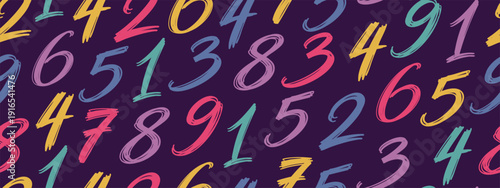 Seamless pattern with colorful hand drawn numbers from 0 to 9 on dark background. Modern brush style digits scattered randomly. Creative typography background for education, kids design, posters and w