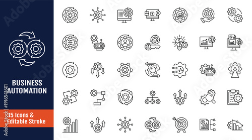 Business automation line editable icon set. Icons related to process, optimization, robotic integration, business model, and more. Outline icon with Editable stroke. Vector illustration
