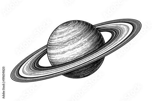 Intricate black and white saturn diagram in vintage engraving style