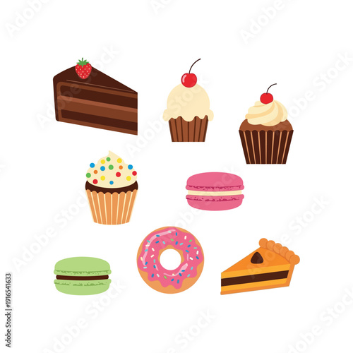 Assorted desserts including cakes, cupcakes, macarons, and donuts on a white background illustration
