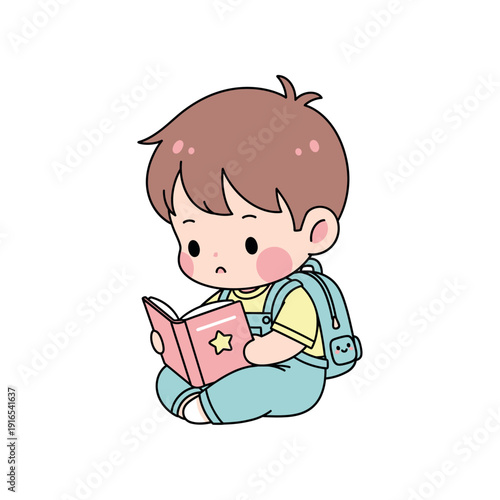 Young boy sitting on floor reading a book with a thoughtful expression and backpack, simple illustration.