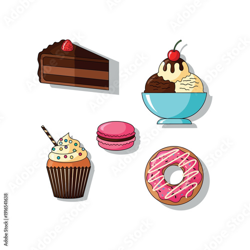 Assorted sweet treats illustration featuring cake, sundae, cupcake, macaron, and donut on white background