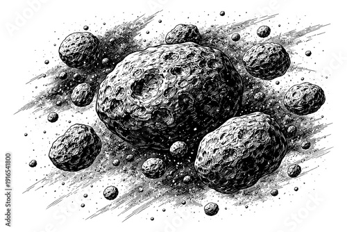 Hand drawn asteroids in space with detailed crater textures