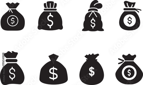  Dollar bag and save money black icon set for finance and investment