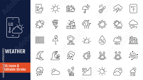 Weather line editable icon set. Icon related to temperature, sun, rain, snow, cloud, humidity, cloudy, rainy season and more. Outline icon with Editable stroke. Vector illustration