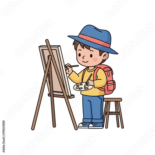 A young boy paints on an easel with a brush and palette.
