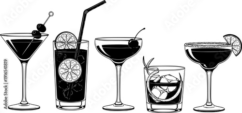 Assorted cocktails collection vector black and white illustration. Various drinks in different glasses with garnishes.
