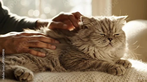 Calm cat being petted closeup for minimal lifestyle and clean copy, wide composition with clean copy space,soft natural light and realistic lens behavior,gentle camera movement,calm minimalist mood