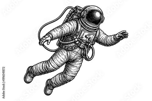 Detailed black and white astronaut sketch in floating pose