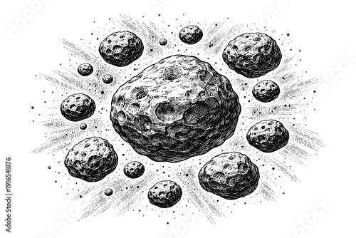 Hand drawn cosmic asteroids cluster exploding in space engraving style