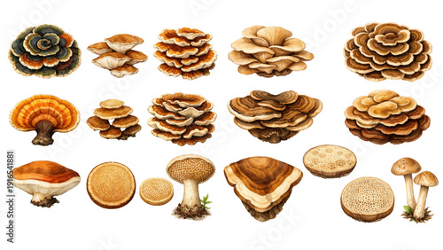 A charming watercolor collection of woodland mushrooms, including layered bracket fungi, turkey tail mushrooms, shelf fungi clusters, textured caps, and detailed cross-sections.