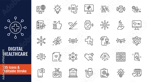 Digital Healthcare line editable icon set. Icons related to Telemedicine, Digital healthcare, and more. Outline icon with Editable stroke. Vector illustration