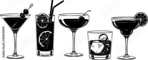 Assorted cocktails collection vector black and white illustration. Various drinks in different glasses with garnishes.
