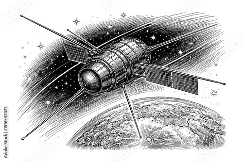 Detailed spacecraft orbiting earth with vintage sketch style