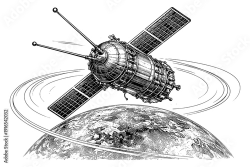 Vintage spacecraft orbiting the moon in highly detailed engraving style