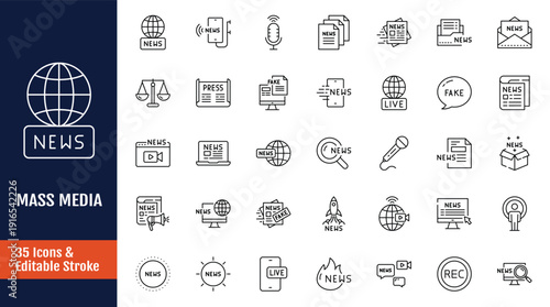 Mass media icon set, news broadcasting and communication symbols, digital journalism media icons. Outline icon with Editable stroke. Vector illustration