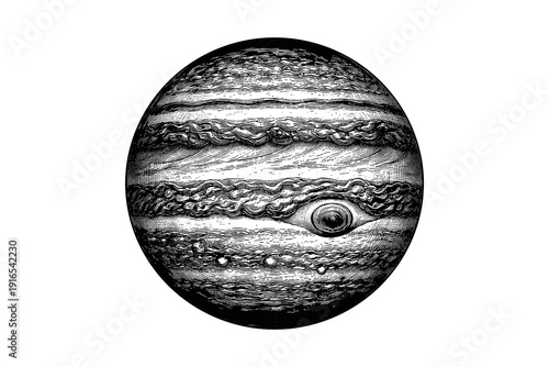 Detailed black and white engraving of planet jupiter with atmospheric layers and great red spot