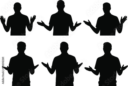 Silhouette collection of shrugging person poses showing confusion, uncertainty,  questioning gestures in black vector style for communication, psychology, design, and illustration concepts.