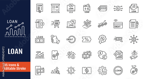 Loan line editable icon set. Icon related to loan, credit, Borrow, money, Mortgage, leasing, income, banking and more. Outline icon with Editable stroke. Vector illustration