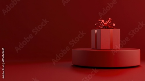 Red gift box on a red pedestal against a red background