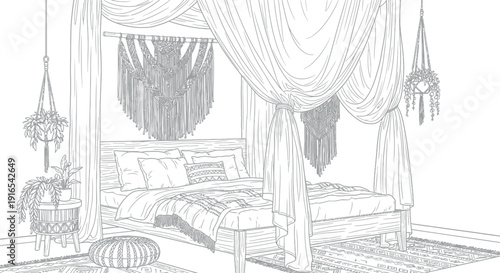 Bohemian Canopy Bed with Plants and Macrame Decor