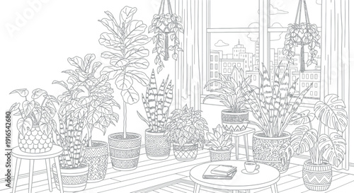 Indoor plants on a city balcony with a cup of coffee