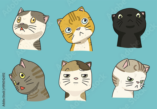 Cute Curious Cats Collection, Hand Drawn Vector Illustration of Funny Kittens with Different Facial

