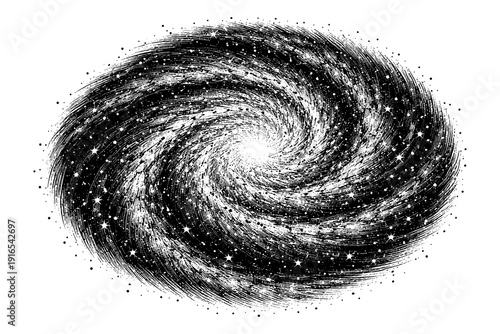 Abstract cosmic spiral with glittering stars and swirling particles on white background