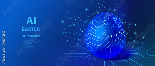 Easter AI holiday card in technology style with circuit lighting lines on egg. Isometric futuristic electric easter egg vector banner in blue tones. Happy tech holiday.	