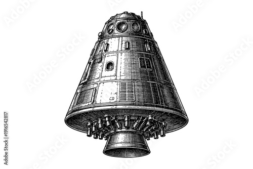 Detailed engraving of a space capsule with retro design aesthetic