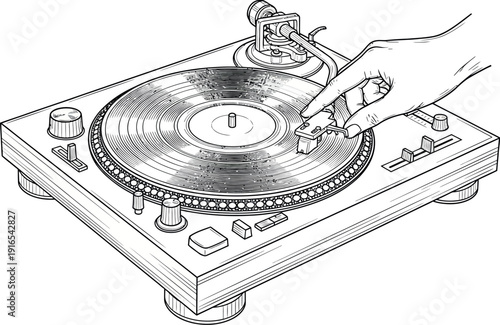 Hand adjusting vinyl record on turntable