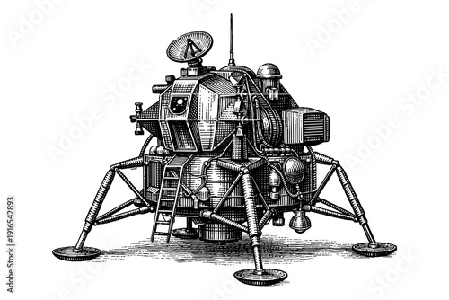 Vintage engraved lunar module design with detailed mechanical features